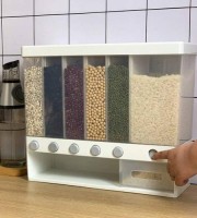 Wall Mounted Food Dispenser, Whole Grains Rice Bucket, Large Capacity 6-Grid