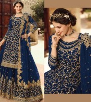 Party Wear Royal Blue ChiniGura Fabric Embroidered Sharara Suit (BS12)