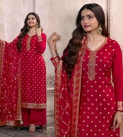 Red Georgette  Embroidery Double Zari Dola  Top with Meena Work Dupatta (RSD2)